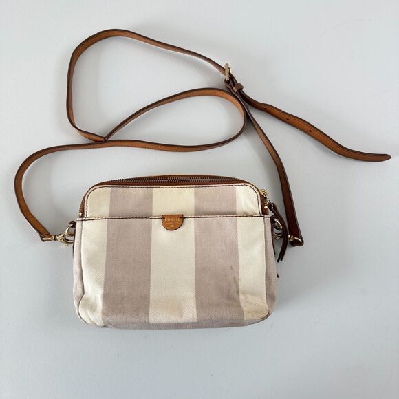 Fossil Sydney Crossbody Purse Bag Taupe And Cream Stripe Zip Closure Handbag - Picture 1 of 12